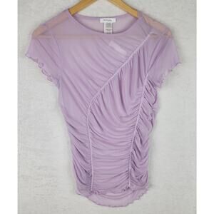 Cottagecore Jr M Knit Top Sheer Mesh Asymmetric Rusching Short Sleeveless Purple